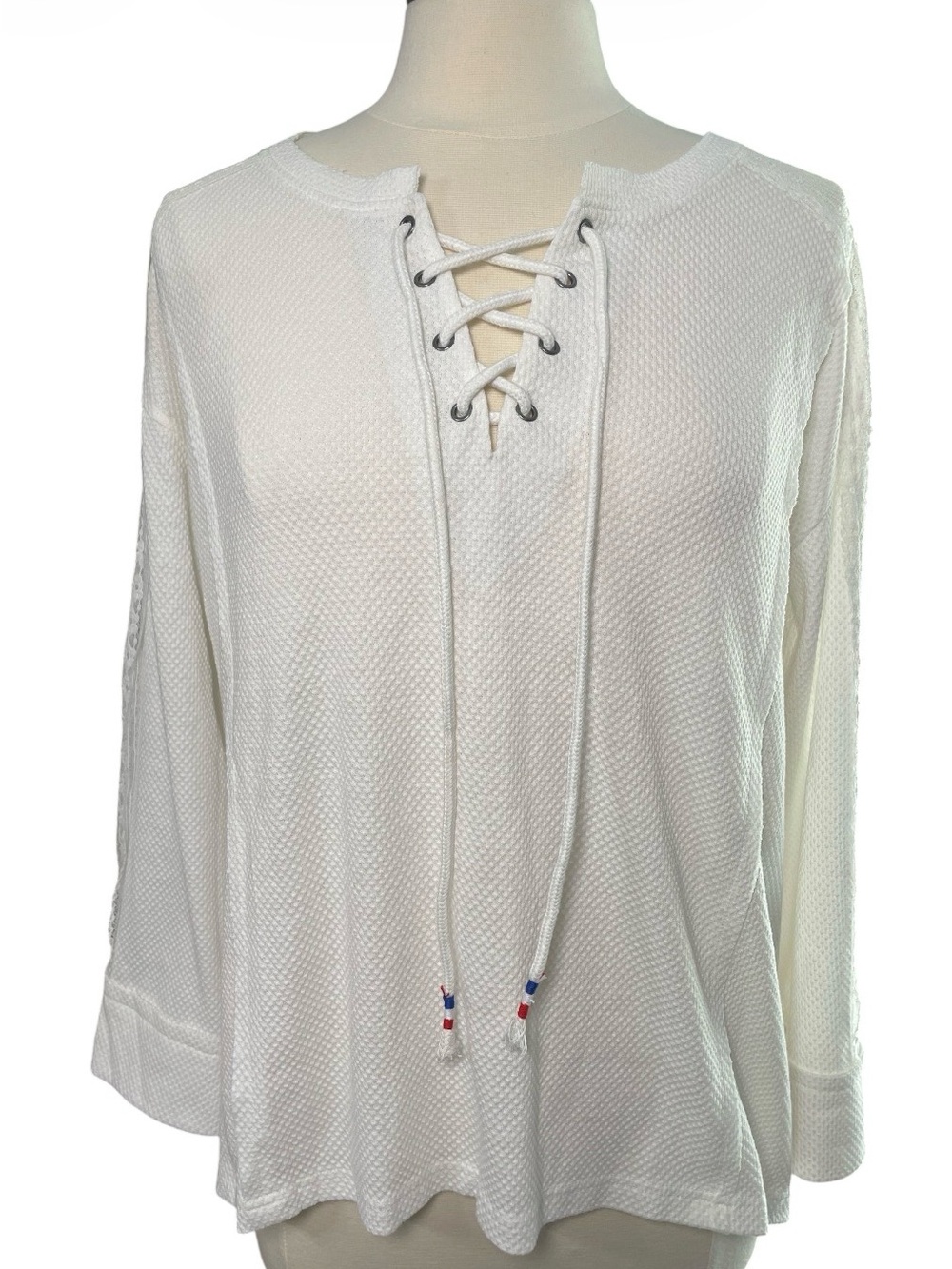 Women's White Lace-Up Waffle Knit Top
